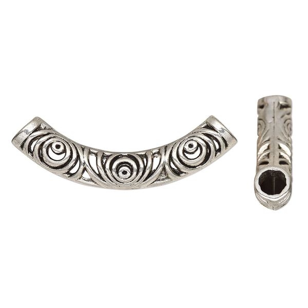 Bead, antique silver-finished "pewter" (zinc-based alloy), 52.5x17mm curved tube with cutout circle design. Sold per pkg of 2. image number 0