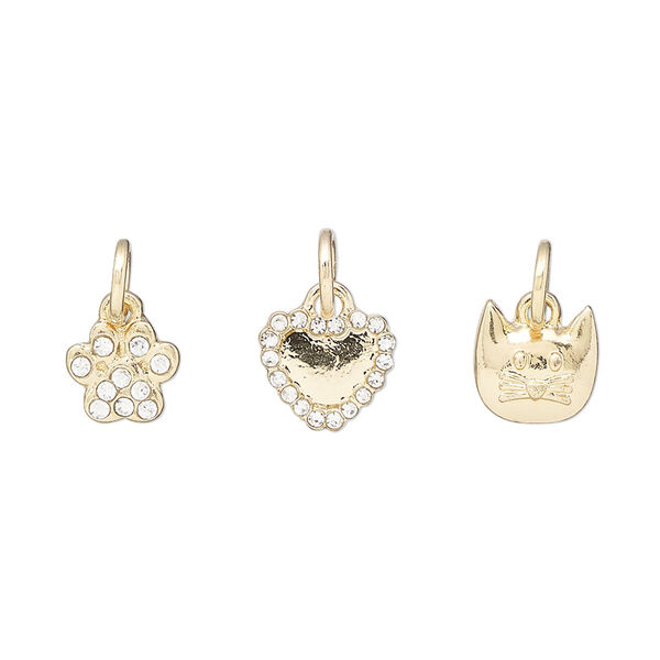 Charm assortment, gold-finished "pewter" (zinc-based alloy) and glass rhinestone, clear, 9x8mm heart / 8x8mm cat face / 8x7mm paw print. Sold per 3-piece set. image number 0