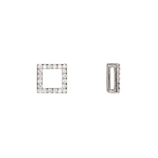 Slide, cubic zirconia and rhodium-plated sterling silver, clear, 8mm single-sided open square with 6x1mm hole. Sold individually. image number 0
