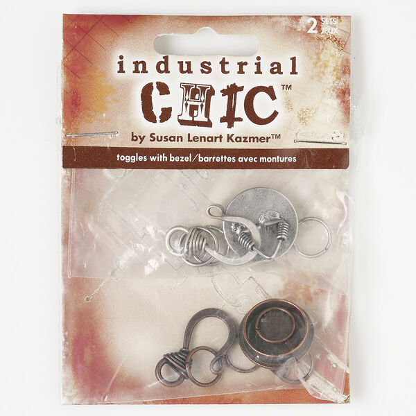 Clasp, hook, antique silver and copper-finished "pewter" (zinc-based alloy), 24x15mm with 18.5mm round bezel with 14mm round setting. Sold per pkg of (2) 6-piece sets. image number 0