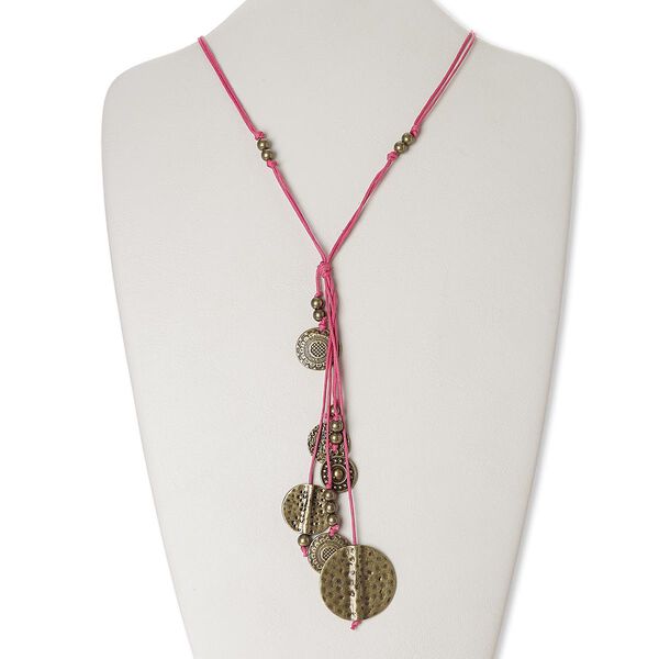 Necklace, waxed cotton cord with antiqued brass-finished "pewter" (zinc-based alloy) and steel, pink, 6-1/2 inch dangle with flat round, 24 inches with lobster claw clasp. Sold individually. image number 0