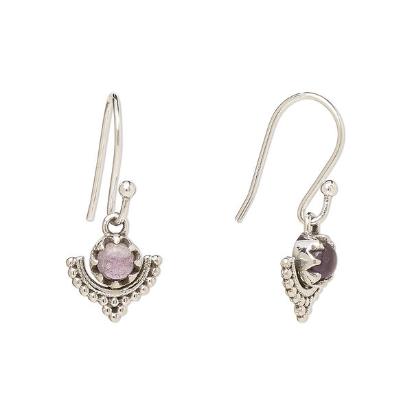 Earring, Create Compliments®, antiqued sterling silver and amethyst (natural), fishhook, 22m with 10mm single-sided beaded moon, 21 gauge. Sold per pair. image number 0