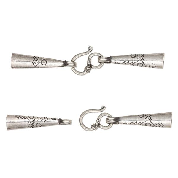 Clasp, Hill Tribes, hook-and-eye, antiqued sterling silver, 59x7mm with 2 glue-in cones, 5.5mm inside diameter. Sold individually. image number 0