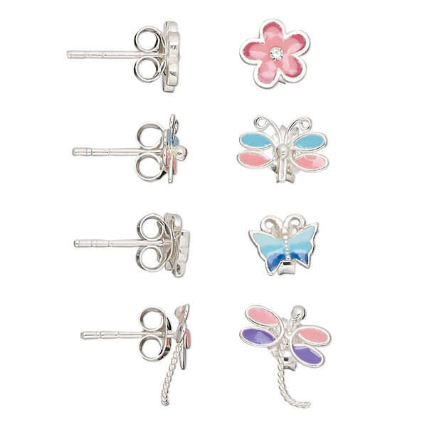 Earstud, sterling silver and enamel, multicolored, 7x6mm-10x8mm butterfly / dragonfly / flower with earstud. Sold per set of 4 pairs. image number 0