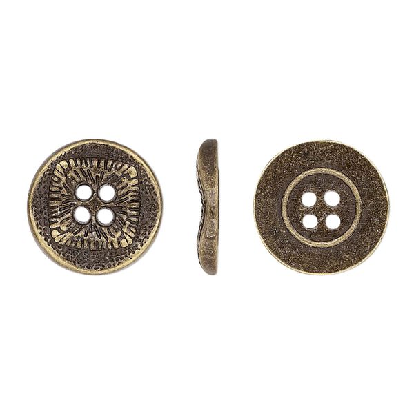 Button, antiqued brass-finished "pewter" (zinc-based alloy), 15mm single-sided wavy flat round with textured square design. Sold per pkg of 20. image number 0