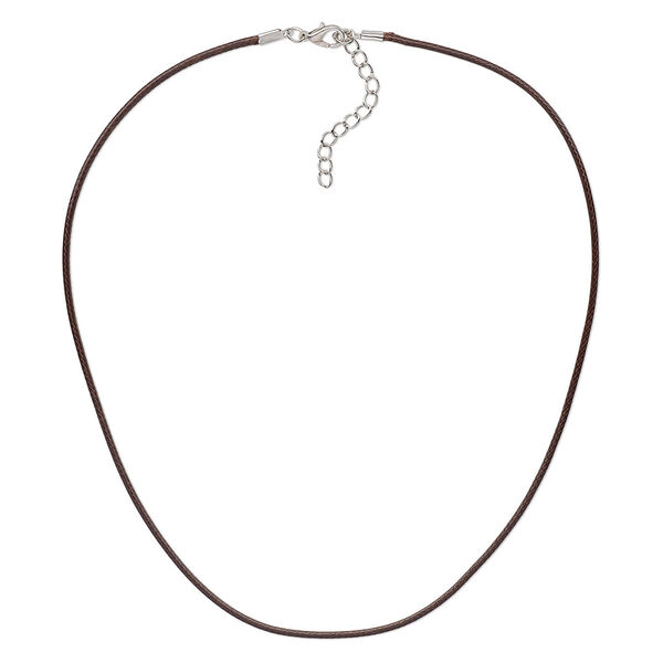 Necklace cord, imitation leather with imitation rhodium-finished steel and "pewter" (zinc-based alloy), brown, 2mm wide, 20 inches with 1-1/2 inch extender chain and lobster claw clasp. Sold per pkg of 10. image number 0