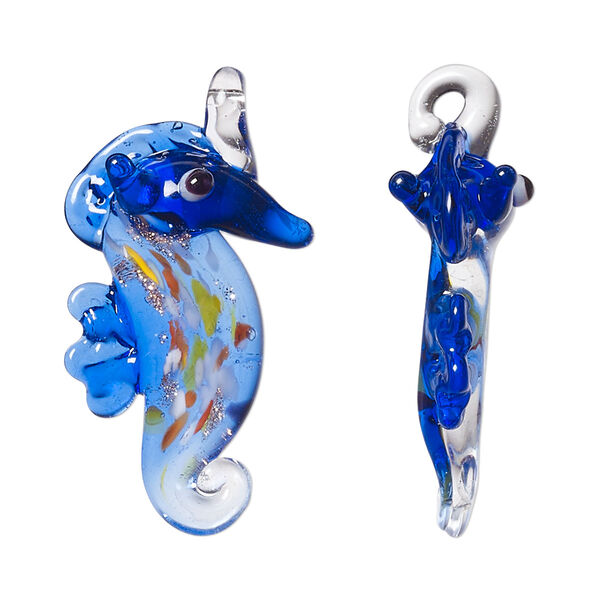 Focal, lampworked glass, cobalt blue and multicolored, 30x17mm single-sided seahorse. Sold individually. image number 0