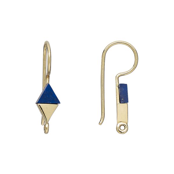 Ear wire fishhook 1pkg2 sterling silver / lapis lazuli (natural), 24mm / 10x6mm hand-cut diamond / closed loop, 19 gauge gold-finished 1 pair image number 0