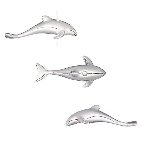 Bead, silver-plated brass, 22x6.5mm vertically-drilled 3D dolphin. Sold individually. image number 0