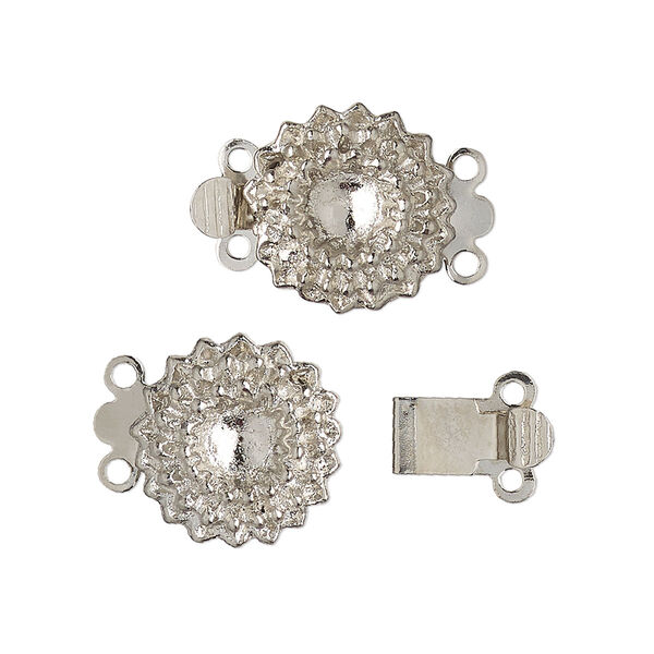 Clasp, 2-strand tab, antique silver-finished "pewter" (zinc-based alloy), 14mm flower with 6mm round setting. Sold per pkg of 2. image number 0