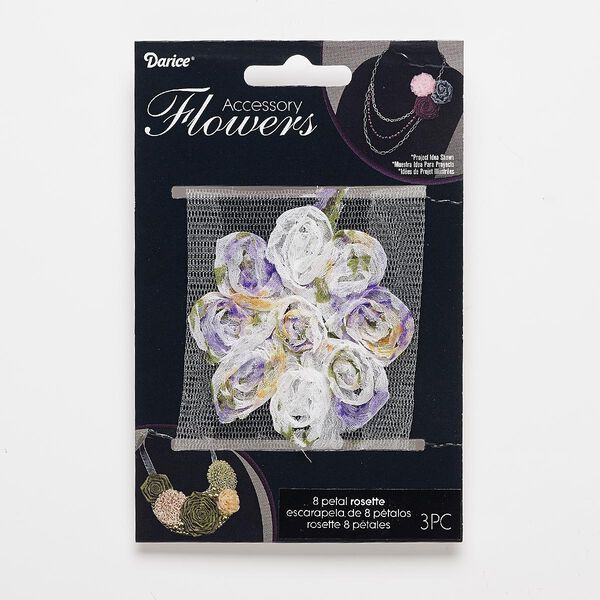 Sew-on component, fabric, white and multicolored, 2-1/2 to 2-3/4 inch flower. Sold per pkg of 3. image number 0