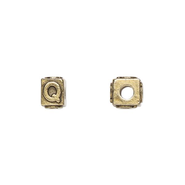Bead, antique gold-plated pewter (tin-based alloy), 8x6mm rectangle with alphabet letter "Q." Sold per pkg of 4. image number 0