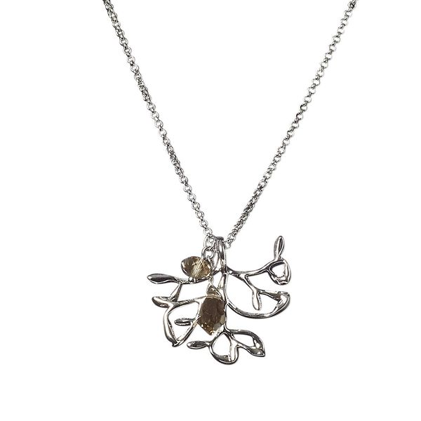 Necklace, glass and imitation rhodium-plated "pewter" (zinc-based alloy), smoke, 32x30mm tree branch, 16 inches with 3-inch extender chain and lobster claw clasp. Sold individually. image number 0