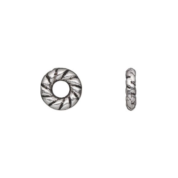 Component, antique silver-plated "pewter" (zinc-based alloy), 10mm double-sided round donut with twisted rope design. Sold per pkg of 50. image number 0
