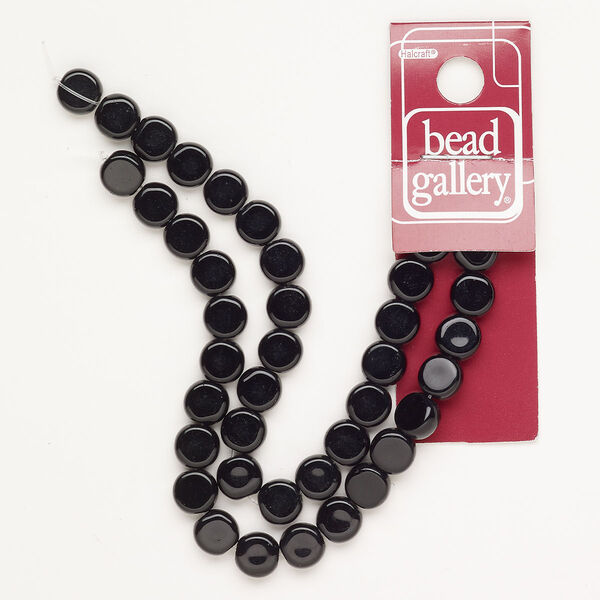 Bead glass 1pk 8mm flat round, opaque black 12 inch image number 0