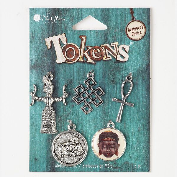Focal and drop, resin and antique silver-finished "pewter" (zinc-based alloy), clear, assorted size and shape. Sold per pkg of 5 pieces. image number 0