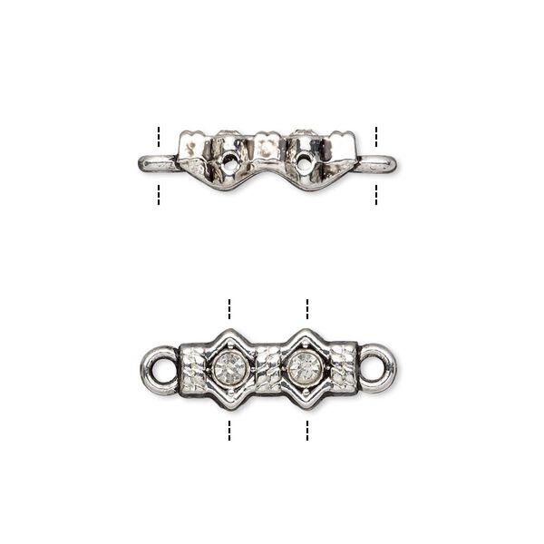 Link, glass rhinestone and antique silver-finished "pewter" (zinc-based alloy), clear, 14x7mm double-drilled bar with diamond design. Sold per pkg of 10. image number 0