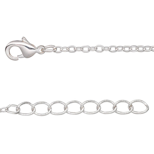 Chain, silver-plated brass, 2mm flat cable, 36 inches with  1-1/4 inch extender chain and lobster claw clasp. Sold per pkg of 2. image number 0