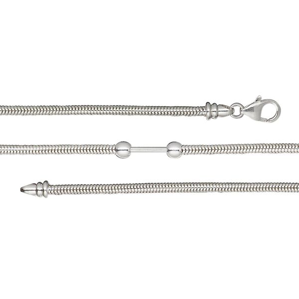 Chain, sterling silver, 3mm snake, 7 inches with lobster claw clasp, (2) twist-off ball end and end caps with 10x1.6mm bar. Sold individually. image number 0