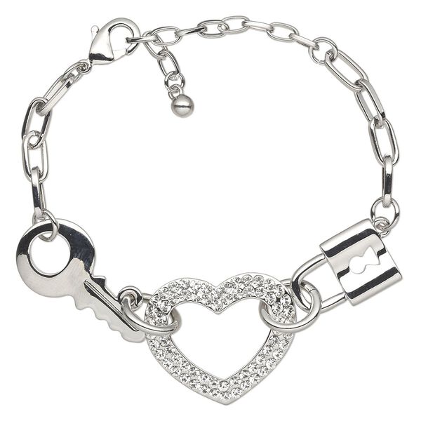 Bracelet, glass rhinestone with rhodium-finished steel and "pewter" (zinc-based alloy), clear, 22x14.5mm lock / 30x26mm open heart / 32x16mm key, 6 inches with 2-inch extender chain and lobster claw clasp. Sold individually. image number 0