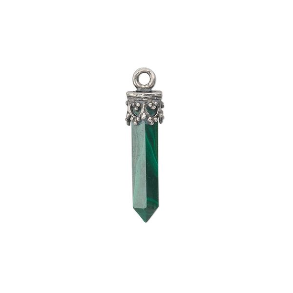 Malachite / sterling silver 1pkg1, hand-cut point drop natural 20x3mm-26x4mm image number 0