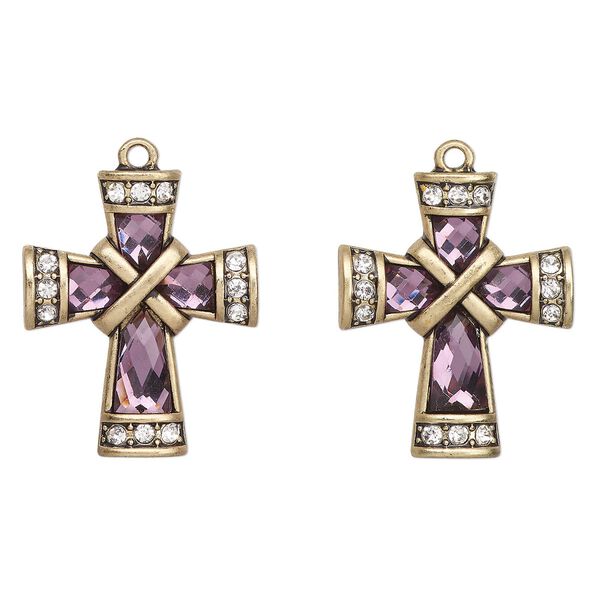 Focal, antique gold-finished "pewter" (zinc-based alloy) and glass, clear and purple, 30x24mm fancy cross. Sold per pkg of 2. image number 0