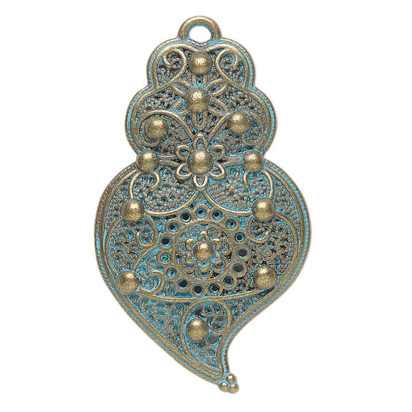 Focal, antique brass-finished "pewter" (zinc-based alloy), green patina, 40x25mm single-sided textured with flower design. Sold per pkg of 4. image number 0