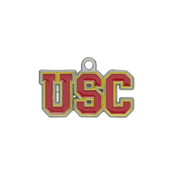 Charm, enamel and "pewter" (zinc-based alloy), yellow and red, 26x13mm single-sided University of Southern California Trojans. Sold individually. image number 0