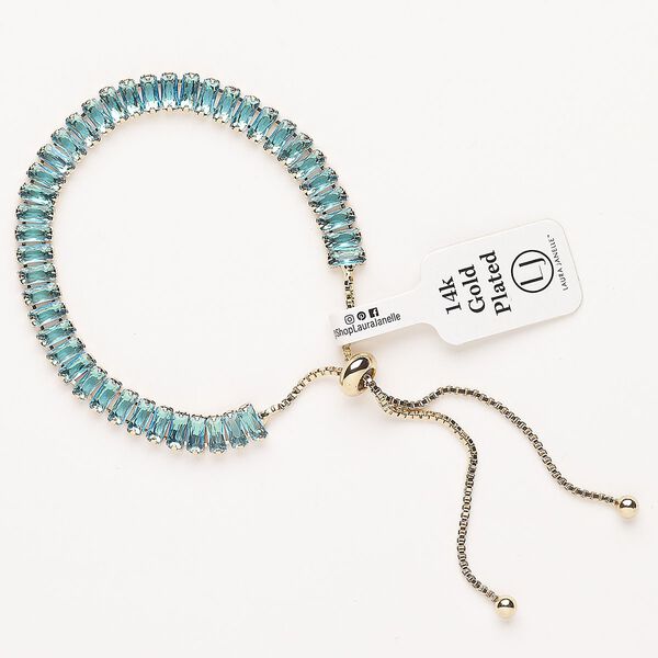 Bracelet, adjustable, brass / glass / silicone, pkg/1, 6 to 10 inches, gold plate and aquamarine. image number 0