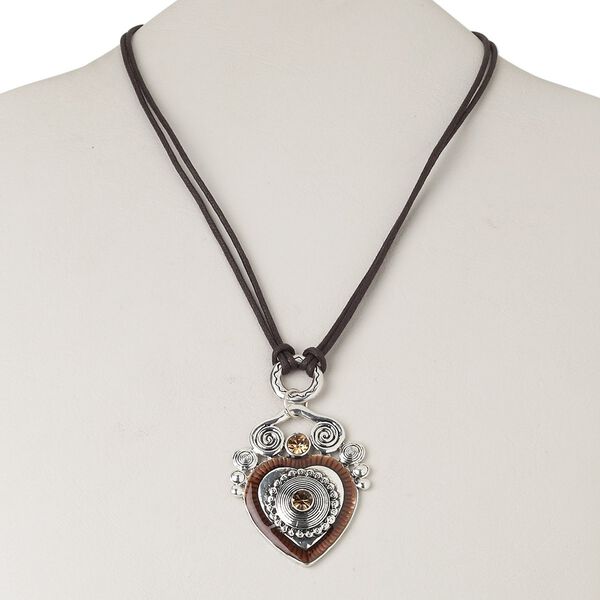 Necklace, antique silver-plated "pewter" (zinc-based alloy) and steel and/or brass / epoxy / waxed cotton cord / Czech glass rhinestone, brown and topaz, 51x41mm single-sided heart, 16 inches with lobster claw clasp and 3-1/2 inch extender chain. Sold individually. image number 0