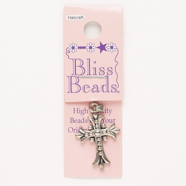 Pendant, "pewter" (zinc-based alloy), pkg/1, antique silver finish, 25x20mm fancy cross. image number 0