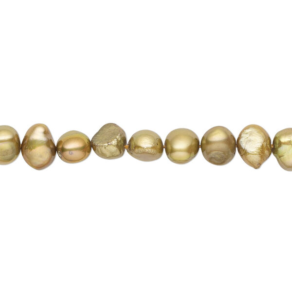 Pearl, cultured freshwater (dyed), golden olive, 6-7mm flat-sided potato with 0.4-0.6mm hole, D grade, Mohs hardness 2-1/2 to 4. Sold per 15-inch strand. image number 0