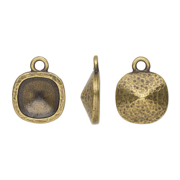 Drop, TierraCast®, Almost Instant Jewelry®, antique brass-plated pewter (tin-based alloy), 13mm hammered square with 10mm cushion glue-in setting (4470). Sold per pkg of 20. image number 0