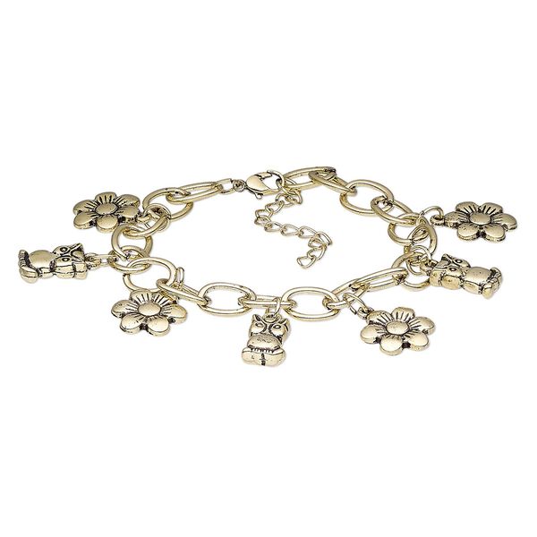 Bracelet, antique brass-coated plastic and antique brass-plated steel, 30mm wide with owl and flower, 7-1/2 inches with 2-inch extender chain and lobster claw clasp. Sold individually. image number 0