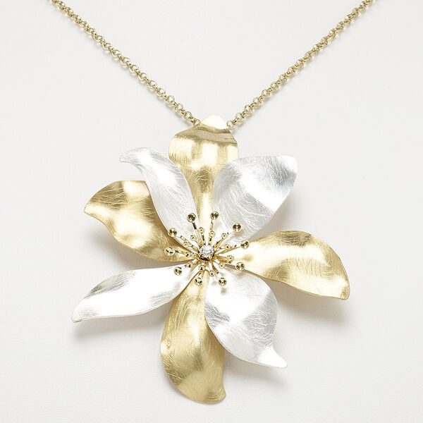 Necklace, glass rhinestone / gold-finished steel / imitation rhodium-plated "pewter" (zinc-based alloy), clear, 3x3-inch scratched flower, 18 inches with 3-inch extender chain and lobster claw clasp. Sold individually. image number 0