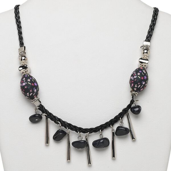Necklace, blackstone (dyed) / polymer clay / silver-colored plastic, multicolored, 28x20mm oval on braided leather, 28 inches with black leather knot and loop closure. Sold individually. image number 0