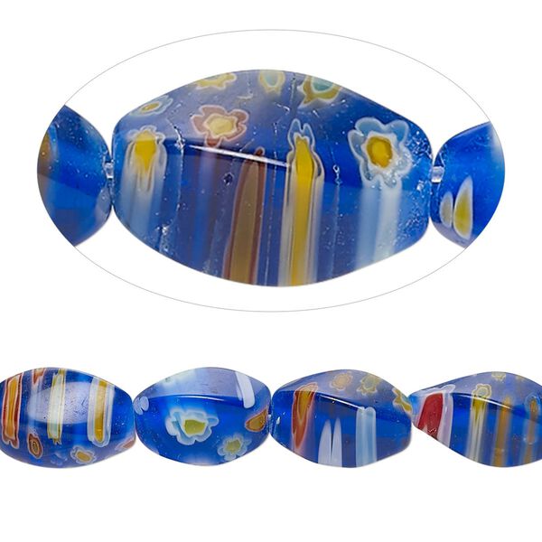 Bead, millefiori glass, translucent multicolored, 12x6mm 4-sided twisted oval with 0.6-0.8mm hole. Sold per 15-inch strand. image number 0