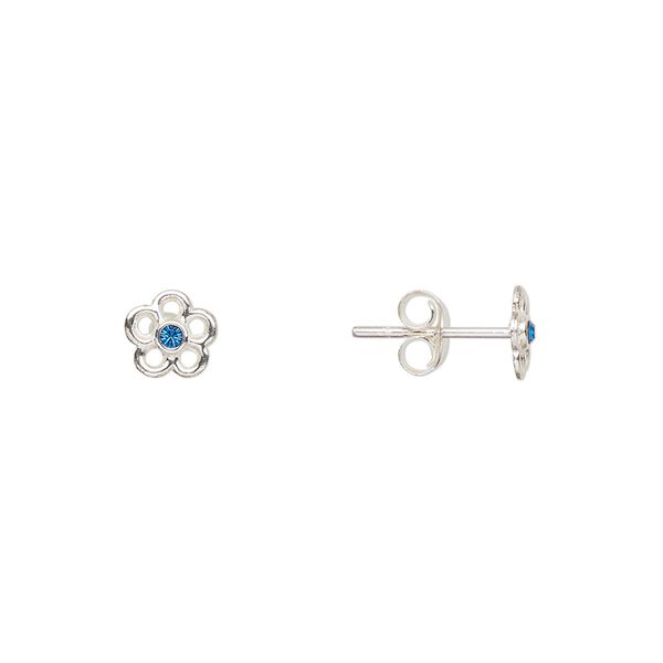 Earstud, Create Compliments®, sterling silver and crystal, Capri blue, 6mm flower. Sold per pair. image number 0
