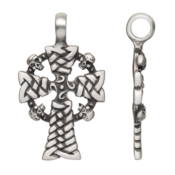 Pendant, antiqued pewter (tin-based alloy), 54x31.5mm single-sided cross with skull and braided design. Sold individually. image number 0
