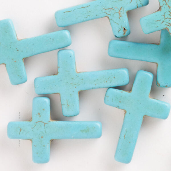 Bead, "howlite" (resin) (imitation), turquoise blue, 28x20mm-30x21mm cross with matrix. Sold per pkg of 10. image number 0