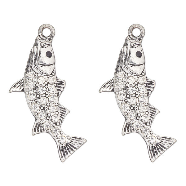 Focal, antique silver-finished "pewter" (zinc-based alloy) and glass, clear and black, 30x19mm single-sided fish. Sold per pkg of 2. image number 0