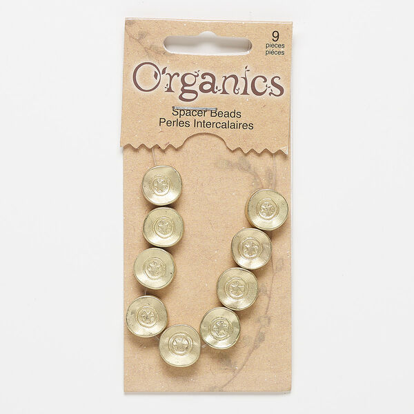 Bead, gold-finished "pewter" (zinc-based alloy), 12mm double-sided matte flat round with star and circle design. Sold per pkg of 9. image number 0