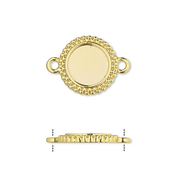 Link, gold-finished brass, 15mm single-sided beaded round with 10mm round setting. Sold per pkg of 10. image number 0