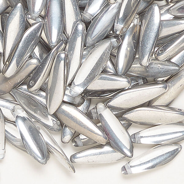 Bead, glass, pkg/100, opaque silver luster, 16x3mm-16x5mm top-drilled dagger. image number 0