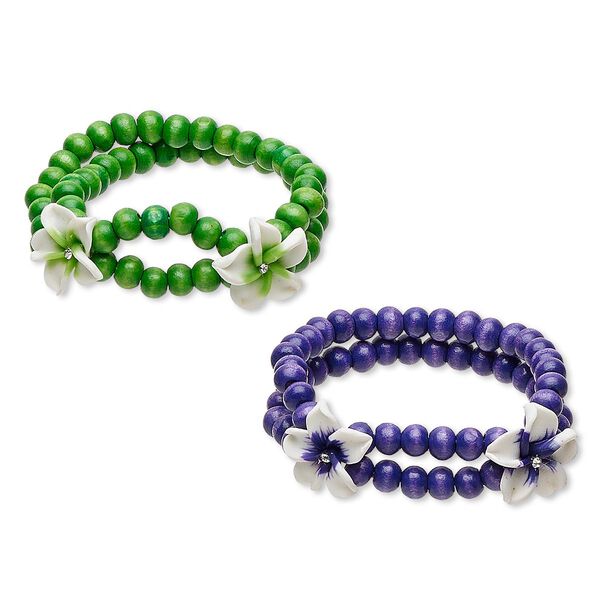 Bracelet mix, stretch, painted Japanese pagoda wood / polymer clay / glass rhinestone, multicolored, 20mm wide with flower, 6 inches. Sold per pkg of 2. image number 0