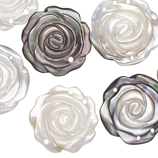 Component mix, black lip and golden lip shell (natural), 19-20mm top-drilled and bottom-drilled carved flower. Mohs hardness 3-1/2. Sold per pkg of 10. image number 0
