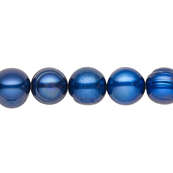Pearl, cultured freshwater (dyed), blue, 8-10mm semi-round with 0.4mm hole, C grade, Mohs hardness 2-1/2 to 4. Sold per 15-inch strand. image number 0