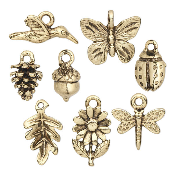 Charm set, antique gold-plated pewter (tin-based alloy), 13x7.5mm-17.5x15mm nature theme. Sold per 8-piece set. image number 0