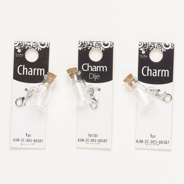 Drop, silver-finished steel / glass / cork, clear and brown, 26x17mm bottle with stopper. Sold per pkg of 3. image number 0
