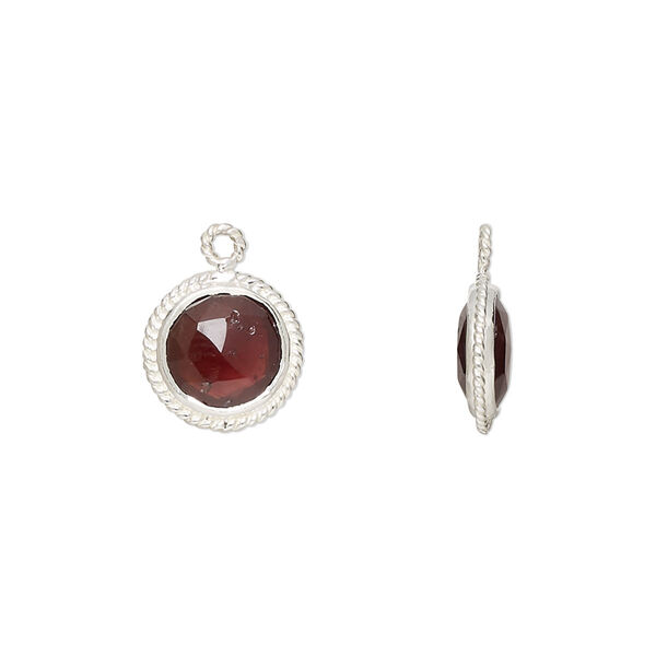 Drop, garnet (natural) and sterling silver, 9-11mm hand-cut double-sided faceted puffed round with rope edge design, B grade, Mohs hardness 7 to 7-1/2. Sold individually. image number 0
